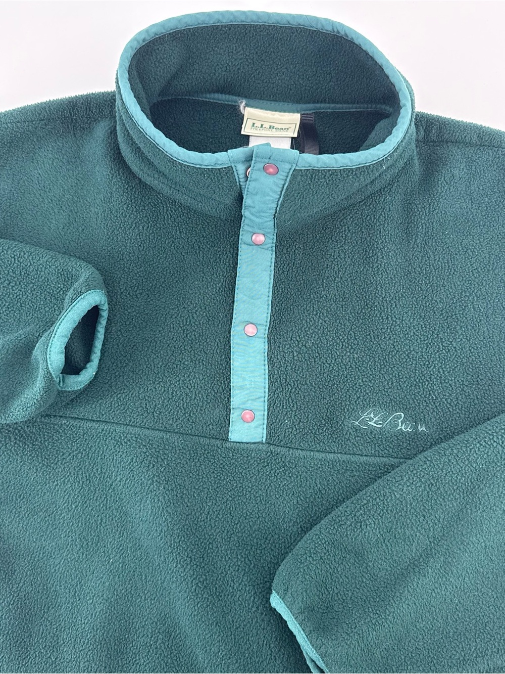 Vintage LL Bean Snap Fleece Jacket Men M Green Pullover Cursive Outdoor Hiking